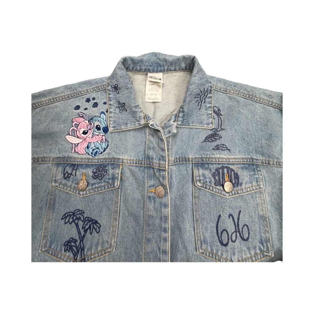 Disney Denim Jacket Womens L Blue Stitch Angel 626 Light Wash Embroidered Doodle - Picture 11 of 14